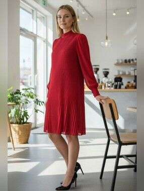 VILA Red Pleated Long Sleeve Dress